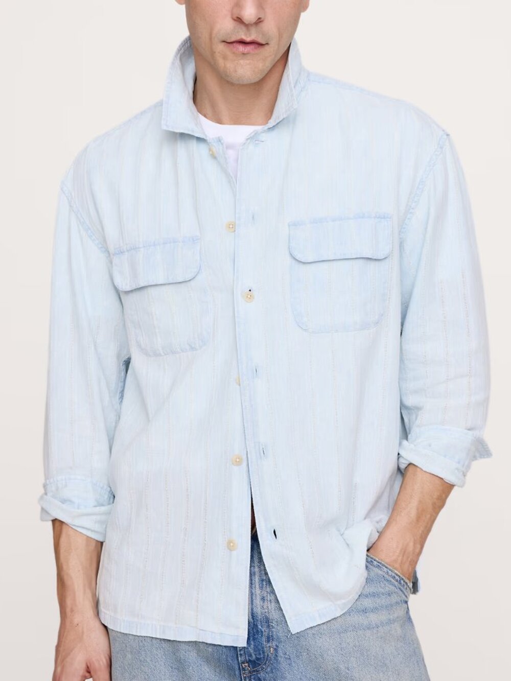 NWT Banana Republic Men's Light Wash Denim Relaxed-Fit Resort Shirt Large